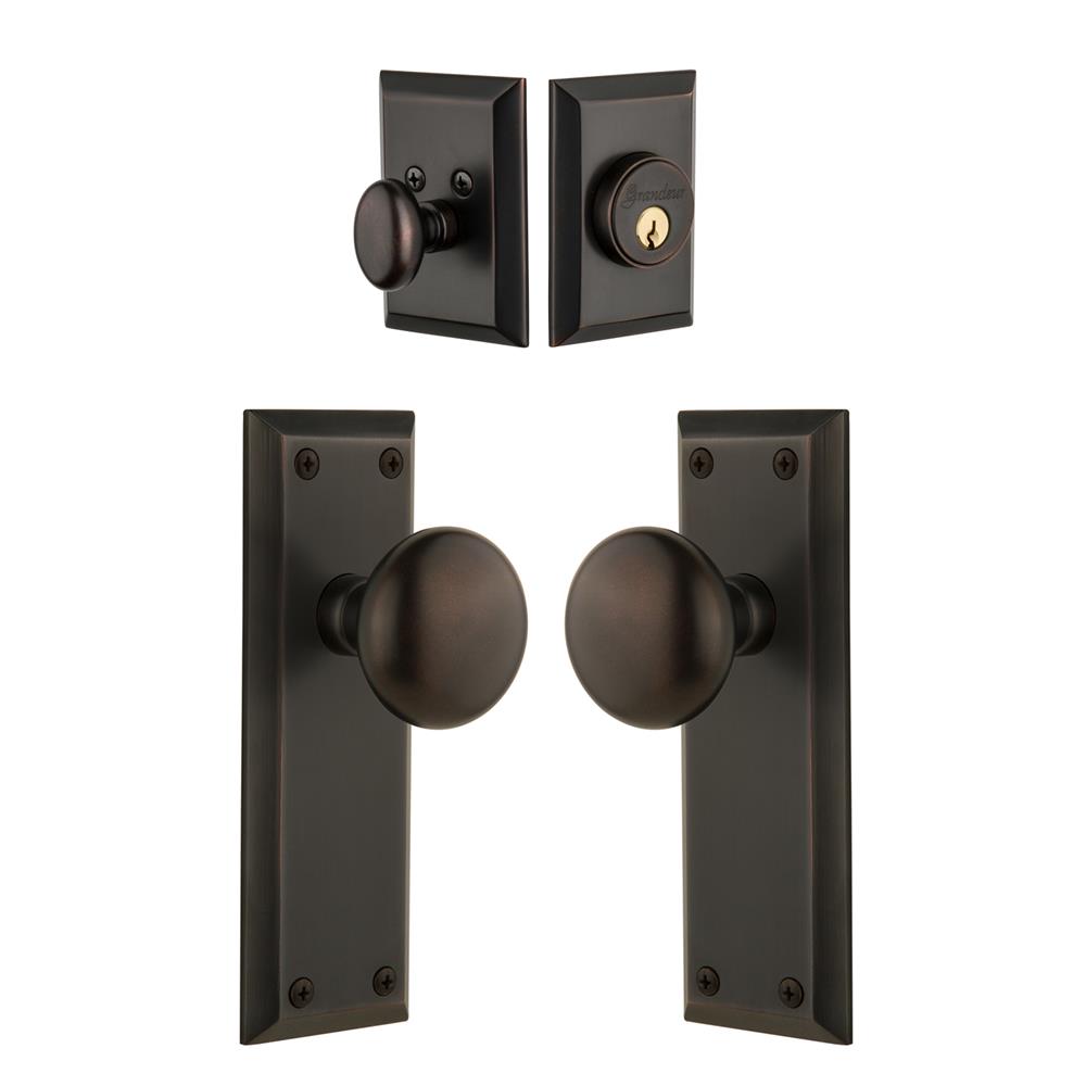 Grandeur by Nostalgic Warehouse Single Cylinder Combo Pack Keyed Differently - Fifth Avenue Plate with Fifth Avenue Knob and Matching Deadbolt in Timeless Bronze